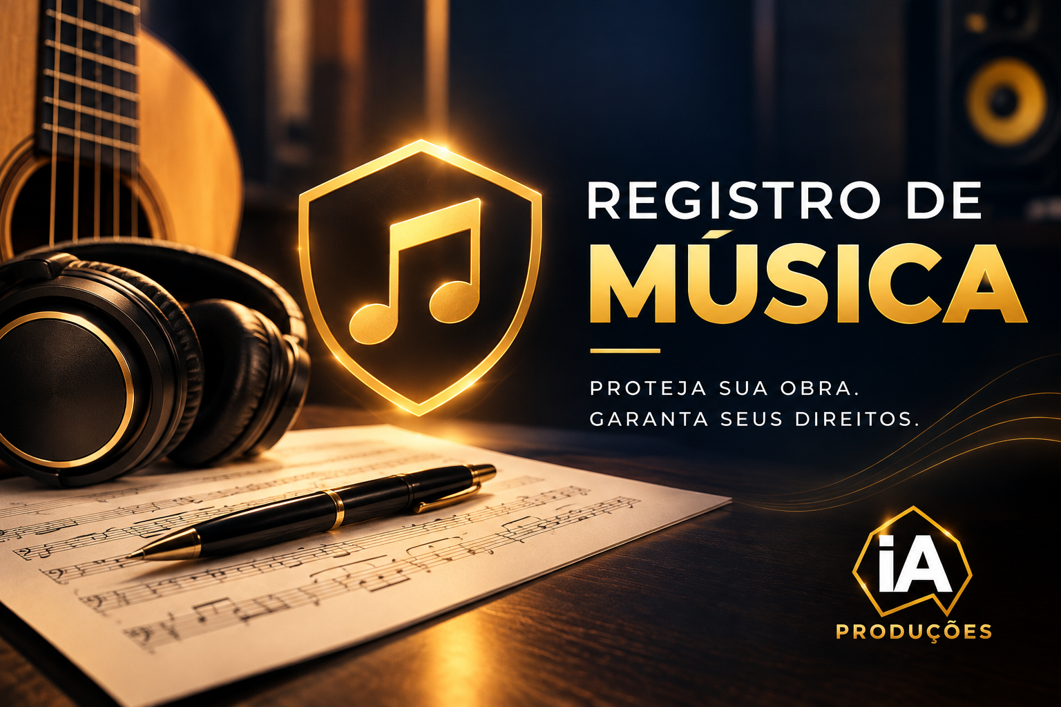 Registro de Música IA Produções com escudo dourado, fone e partitura